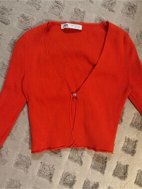 Zara Ribbed Red Button-Front Sweater Cardigan